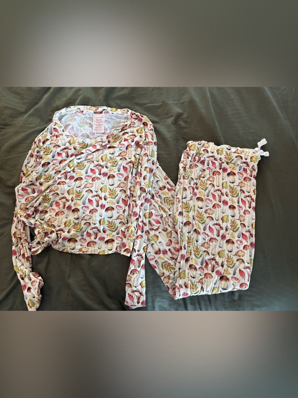 Posh Peanut Cream Mushroom & Leaf Print Two-Piece Pajama Set